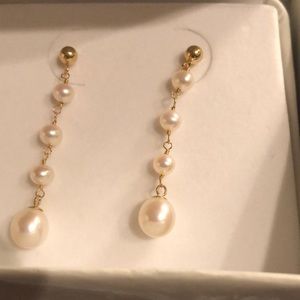 14K YG fresh water pearl dangle pierced earrings NWT